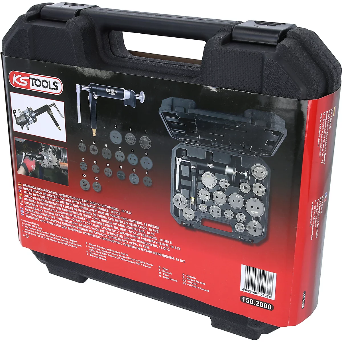 Schwarzer Werkzeugkoffer mit KS Tools Logo, geöffnet mit Werkzeugen für Bremskolbenrücksteller. Auf dem Karton sind Text und Produktbilder abgedruckt.